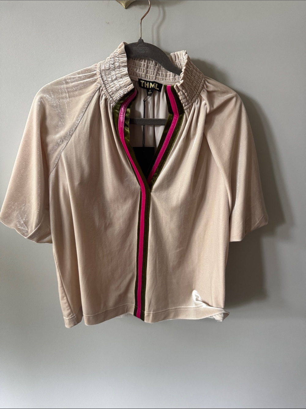 THML Cream Short-Sleeve Zip-Front Crop Top with Pink Trim